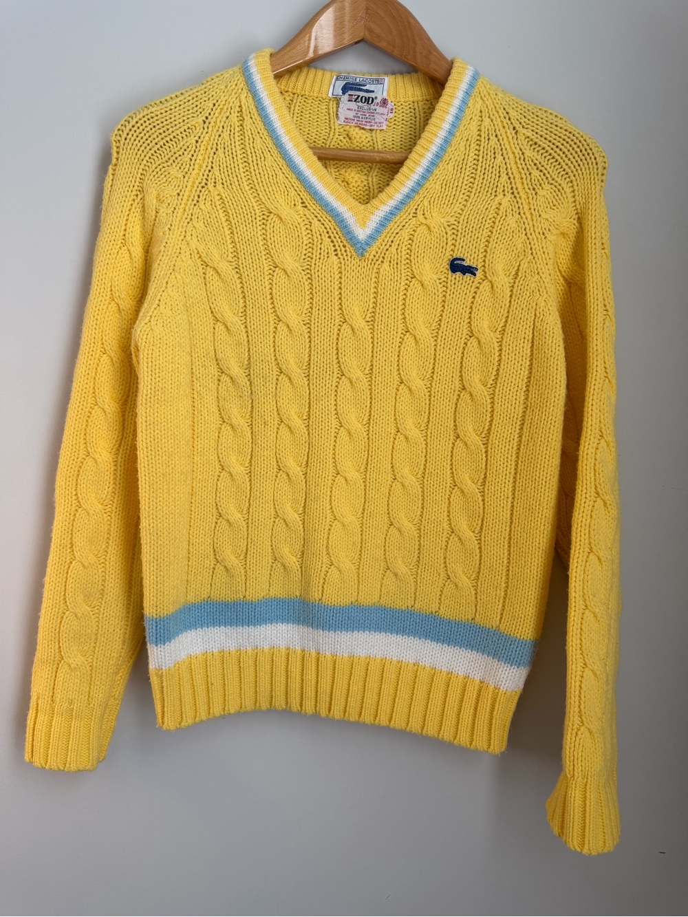 Vintage 60s Lacoste Tennis Sweater Izod Yellow Cable Knit Blue Alligator - Picture 2 of 10